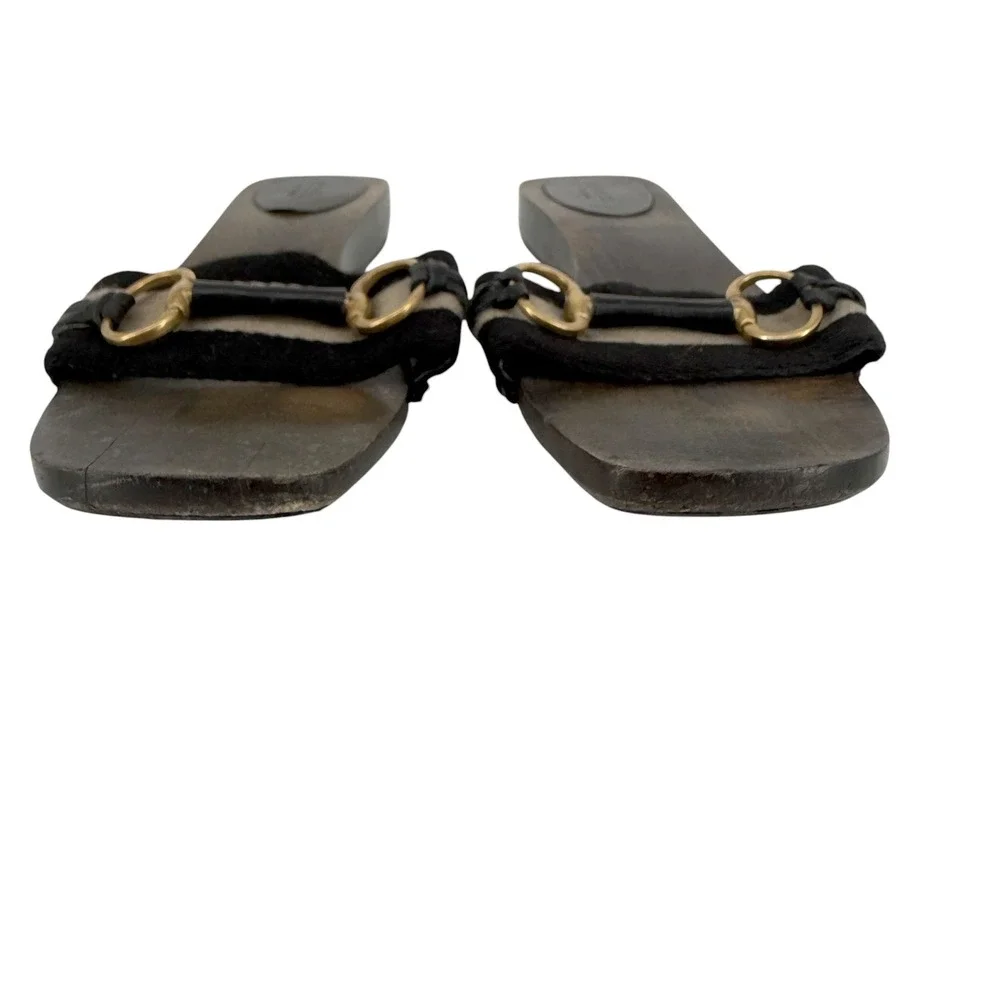Gucci Vintage Horse-bit Wooden Slide Sandals Black Striped Canvas 8.5 Italy